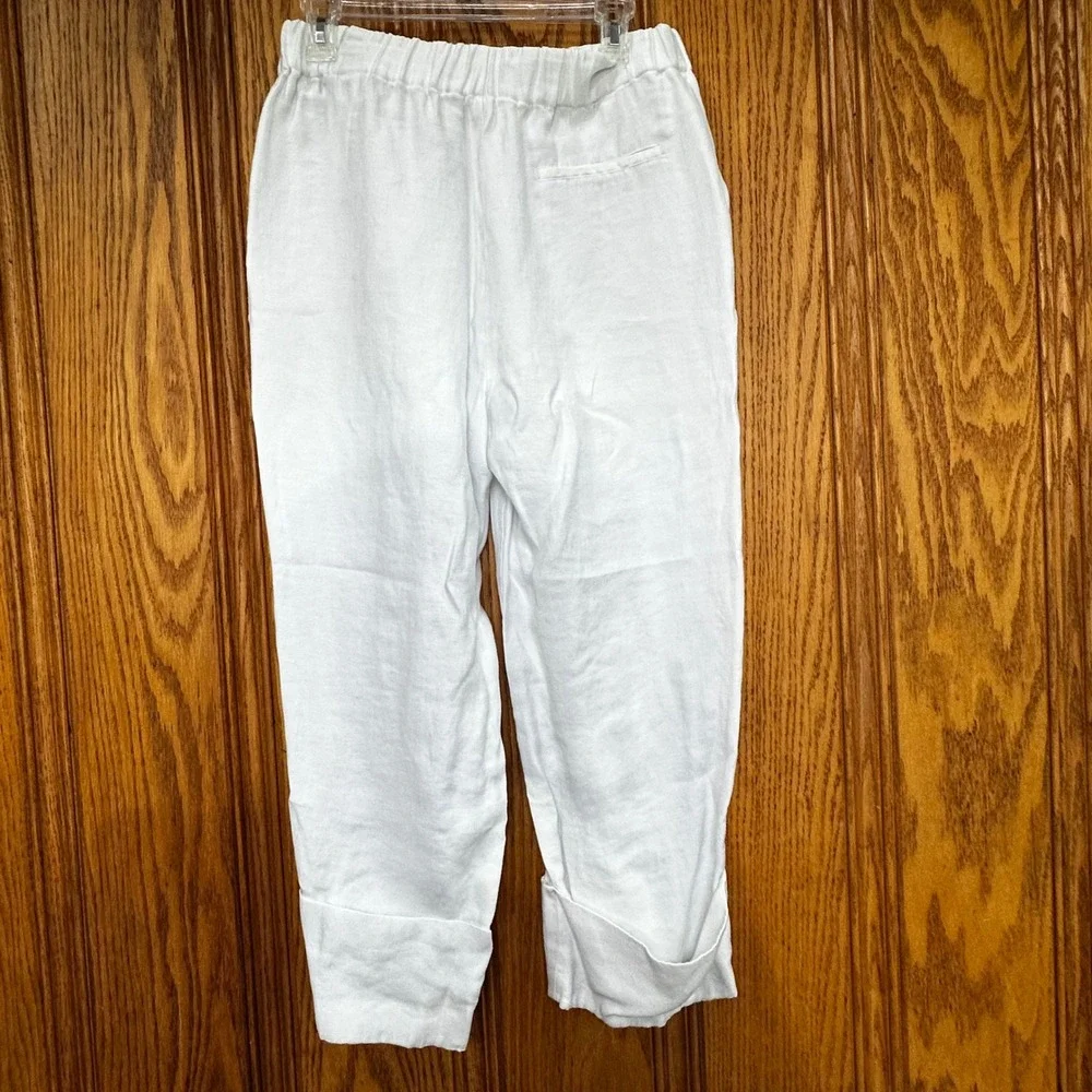 Zara White Linen Blend High Waisted Cuffed Crop Pants Large